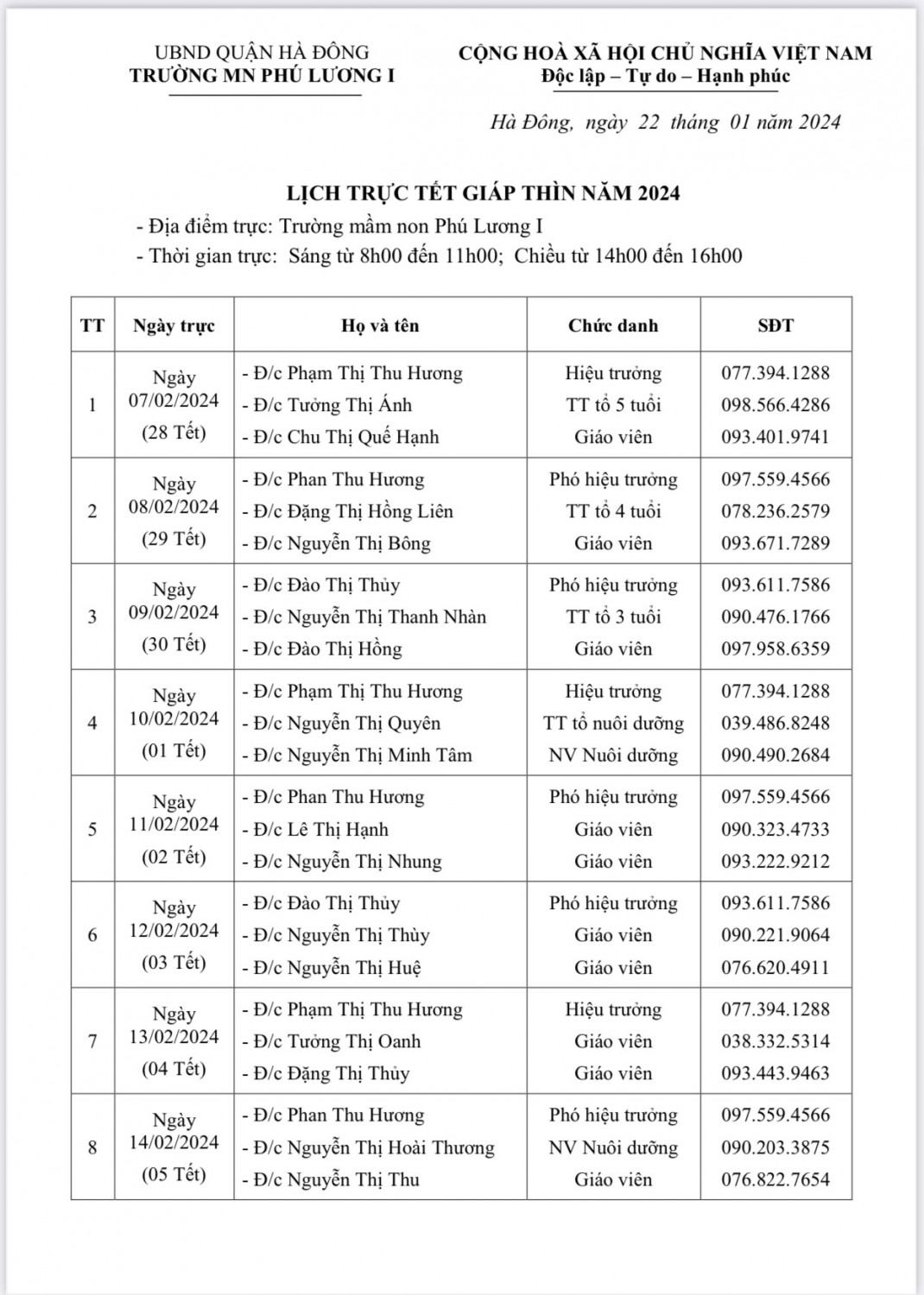 LICH TRỰC TẾT GIÁP THÌN 2024
